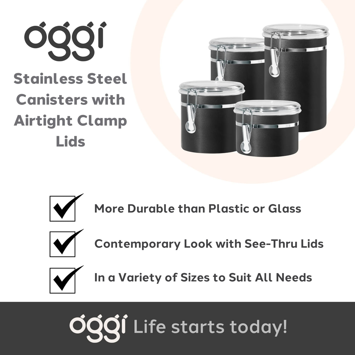 Oggi Stainless Steel Kitchen Canister 47 fl oz, Black - Airtight Clamp Lid, Clear See-Thru Top
