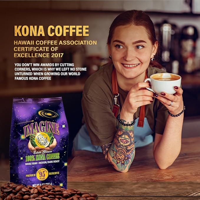 Imagine Kona Organic Coffee Beans | Arabica Kona Beans | Top Grade Air Roasted | Medium Dark Roast