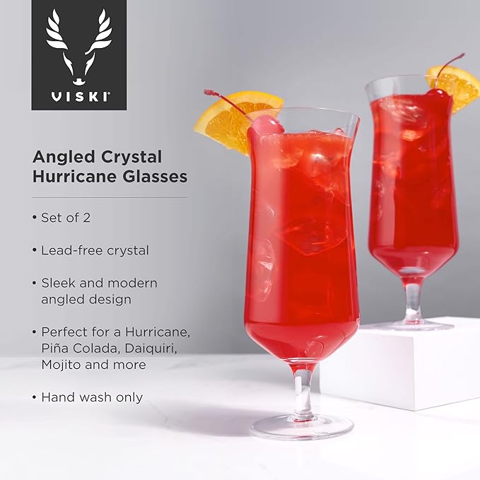 Viski Raye Hurricane Glasses, Perfect for Pina Coladas, Tropical Cocktail Glass, Crystal Glasses