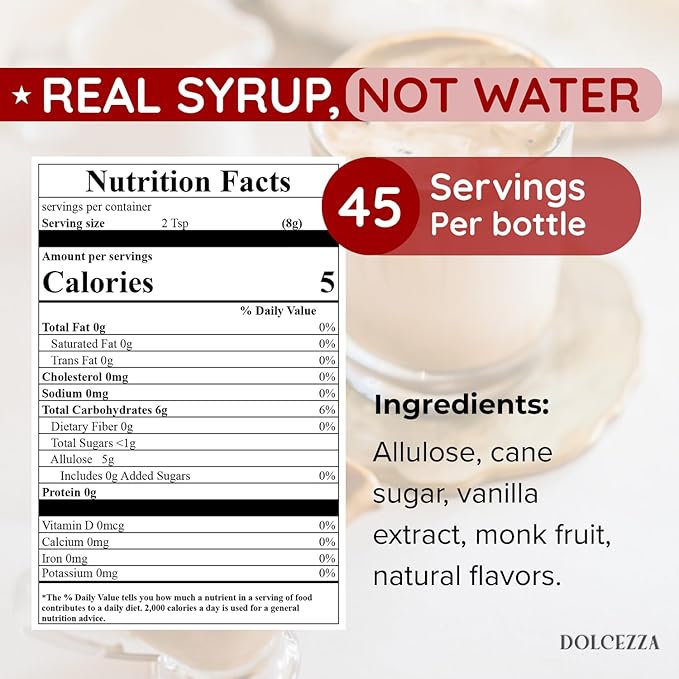 Dolcezza Vanilla Allulose Syrup, All Natural Low Sugar Sweetener for Coffee, Mixed Drinks and