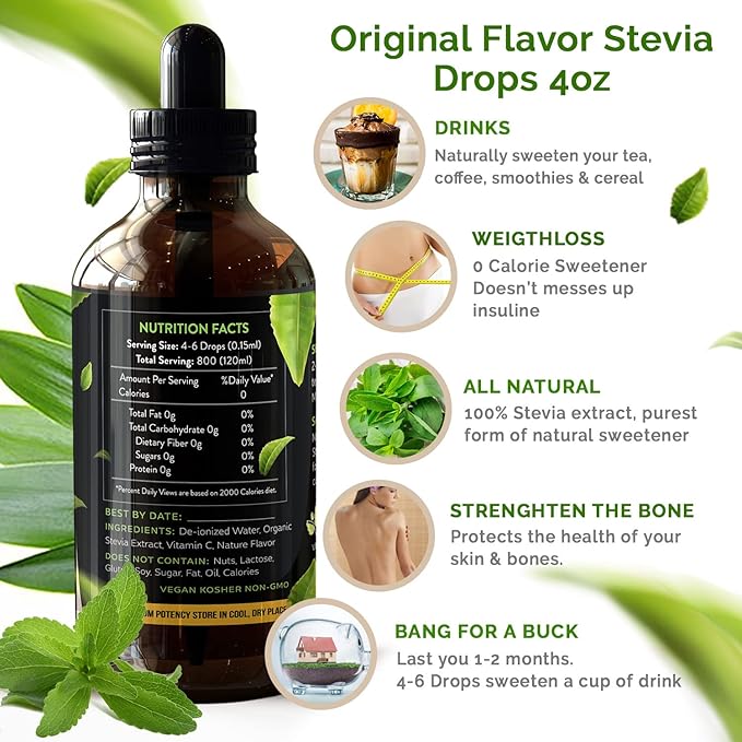 Enzo Liquid Stevia Drops Our Zero Calories Sweetener (4oz - 800 Servings/Bottle) - Vanilla - All