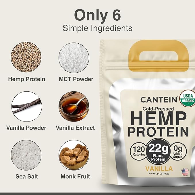 Organic Hemp Protein Powder, Plant Based and Vegan Protein Shake, Lactose and Dairy Free, Gluten