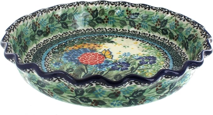 Blue Rose Polish Pottery - Blue Teresa Pie Plate - 10" Diameter - Ceramic Baking Dish, For Pies