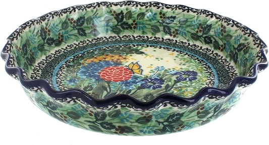 Blue Rose Polish Pottery - Blue Teresa Pie Plate - 10" Diameter - Ceramic Baking Dish, For Pies