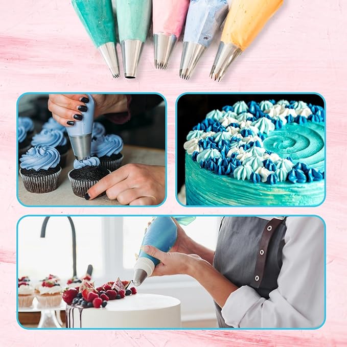 Riccle Piping Bags and Tips Set, 11.8 Inch 100 Anti Burst Piping Bags, 124 Pcs Cake Decorating Kit