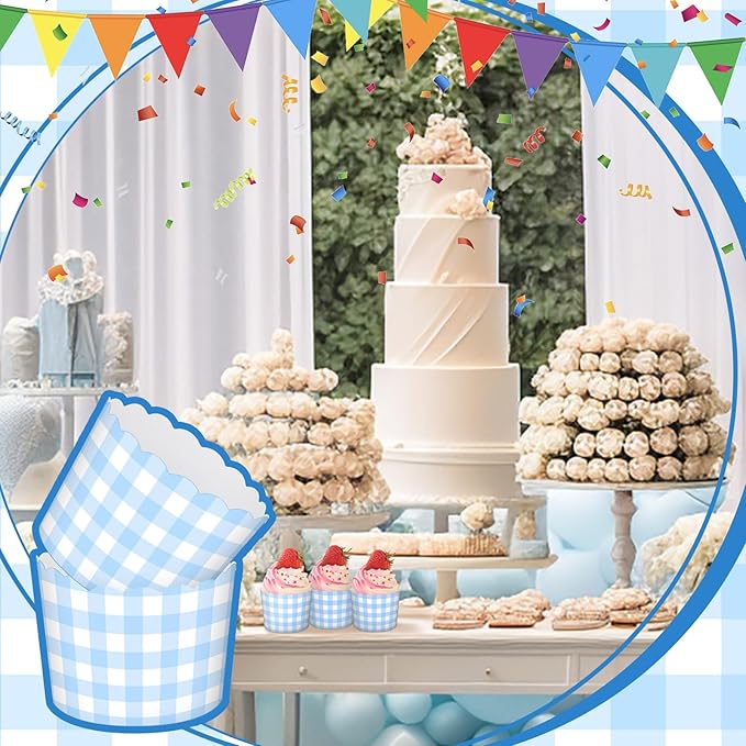 Vesici 150 Pcs Blue Gingham Ice Cream Cups 5oz Dessert Paper Bowls Gingham Scalloped Cupcake Cups