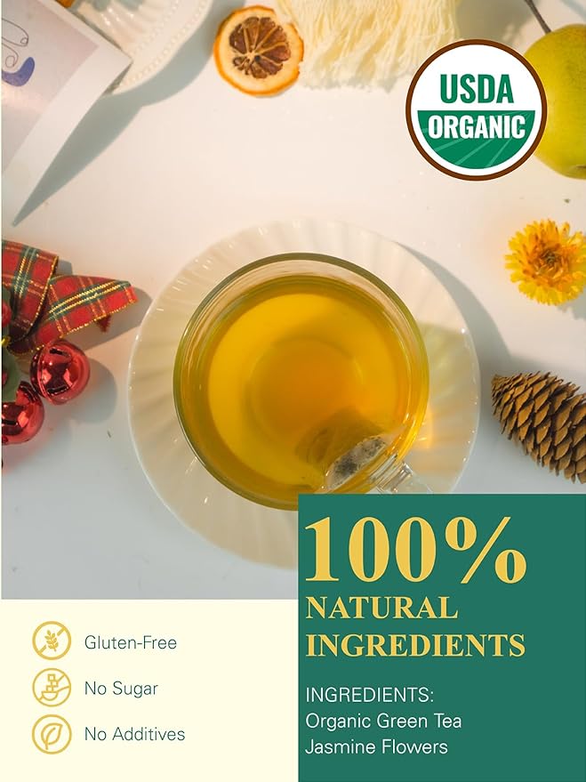 GLDNT Organic Jasmine Green Tea Bags, Organic Green Tea Scented with Jasmine Flowers, Floral Aroma