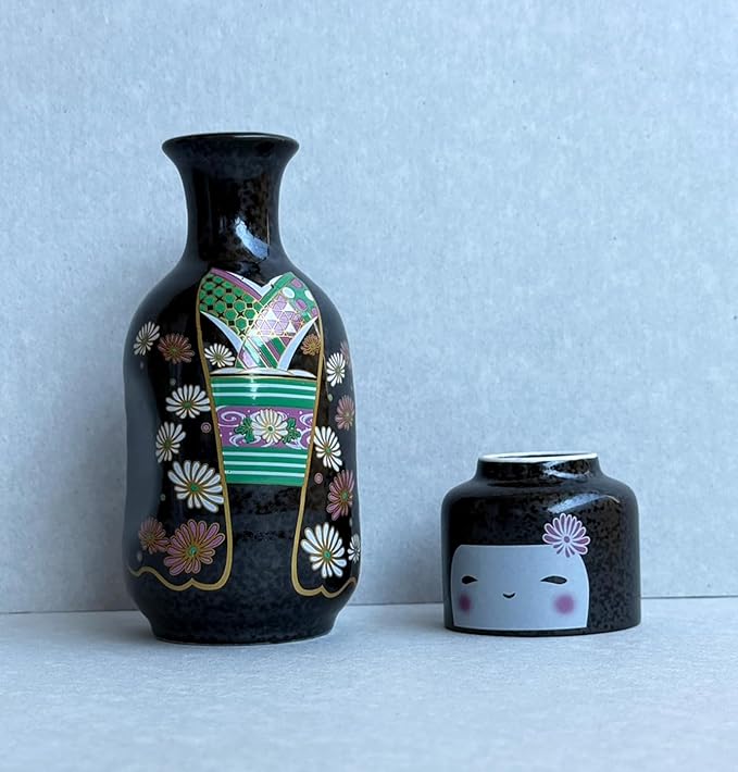 Japanese Traditional Kokeshi Design Sake Wine Soju Ceramic Set with 1 Ochoko Cup and 1 Tokkuri