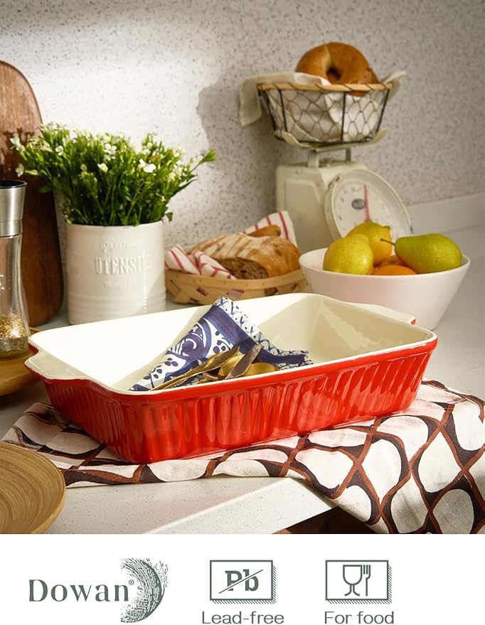 DOWAN 9x13-inch Deep Casserole Baking Dish for Lasagna, 135 oz Ceramic Pan with Handles, Oven Safe
