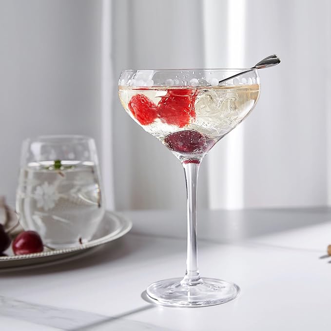 Premium Delight Coupe Glasses Set of 4, 10.8 oz – Hand-Blown with Etched Long Stem, Classic