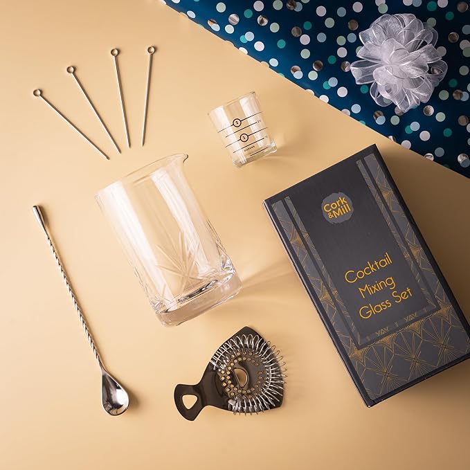 Cork & Mill Cocktail Mixing Glass, Old Fashioned Kit, Large 24 oz Crystal Cocktail Mixer for