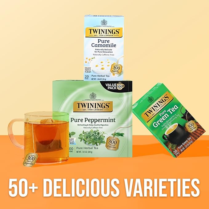 Twinings Pure Peppermint Herbal Tea Individually Wrapped Bags, 100 Count (Pack of 1), Fresh Minty