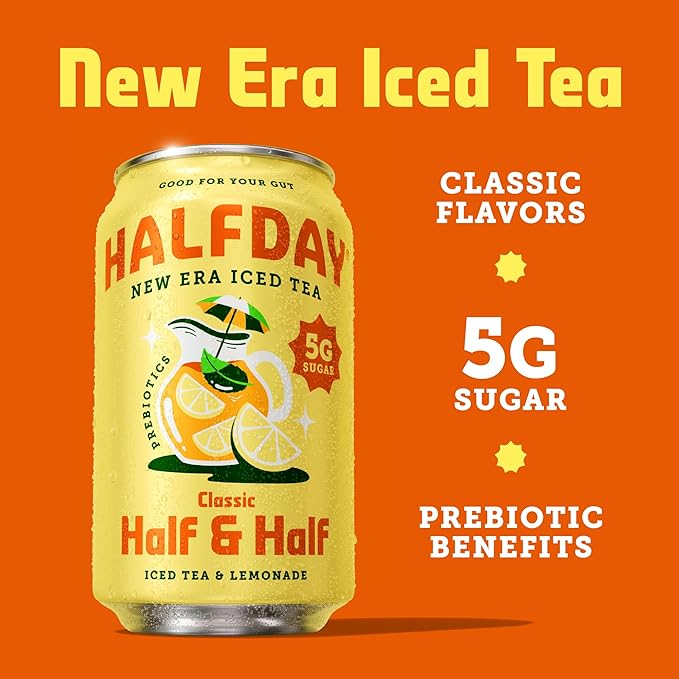 HALFDAY Prebiotic Half & Half Iced Tea Cans, Supports Digestive & Gut Health, 6g Plant Fiber &