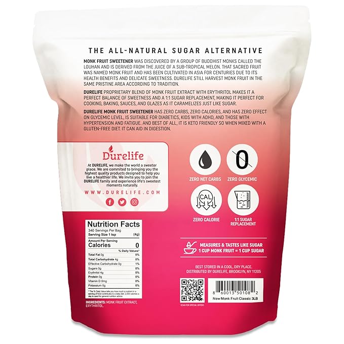 Durelife Monk Fruit Sweetener, Sugar Substitute, Keto Diet Friendly, Zero Calorie, White Sugar
