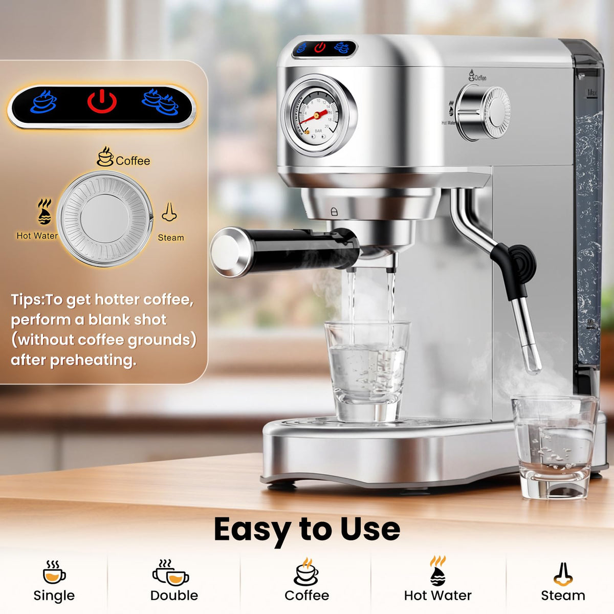 AERCANA Espresso Machine 20 Bar, Compact Espresso Coffee Machine with Milk Frother, Stainless Steel