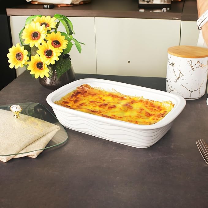 12" x 8" Ceramic Casserole Baking Dish With Glass cover, Lasagna Pan Deep for Oven, 2.2 Quarts