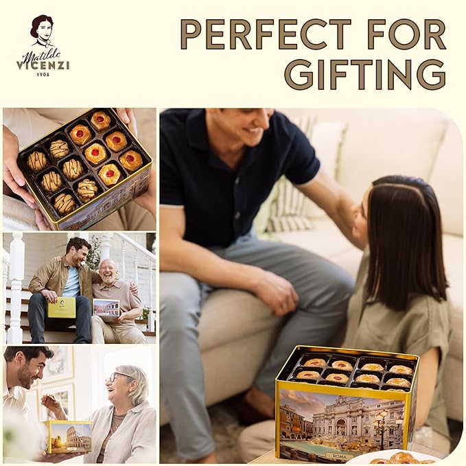 Matilde Vicenzi Roma Cookie Gift Tin - Italian Pastries & Cookies in Individually Wrapped Trays