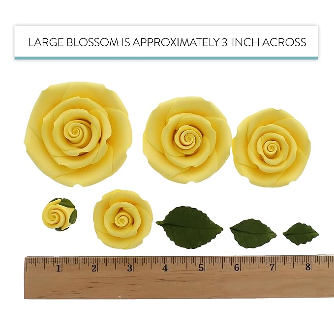 Global Sugar Art Exquisite Rose & Leaf Tray Sugar Cake Flowers, Yellow Unwired, 5 Count by Chef