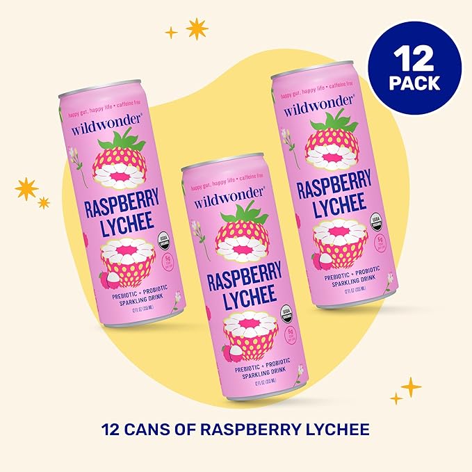 NEW! wildwonder Sparkling Probiotic Drink 12pk, For Gut Health & Immune Support, Raspberry Lychee