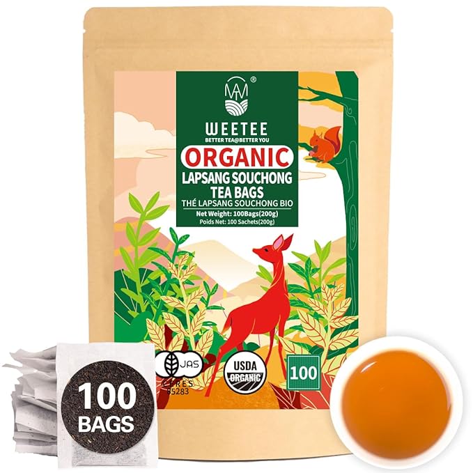 WT WEETEE Organic Lapsang Souchong Tea Bags, Organic Smoky Black Tea 100 Count, Natural Caffeine &