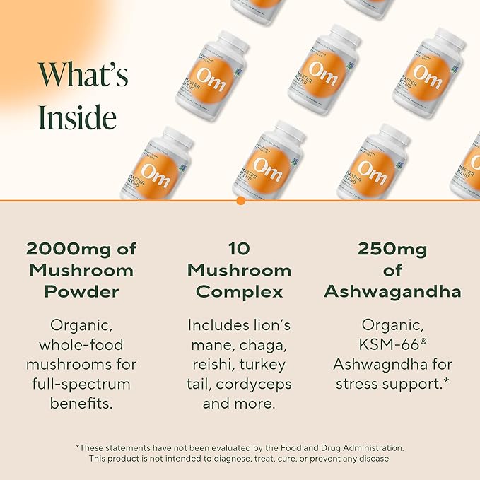 Om Master Blend Mushroom Capsules - Organic Mushroom Supplement with 10 Mushrooms and Ashwagandha