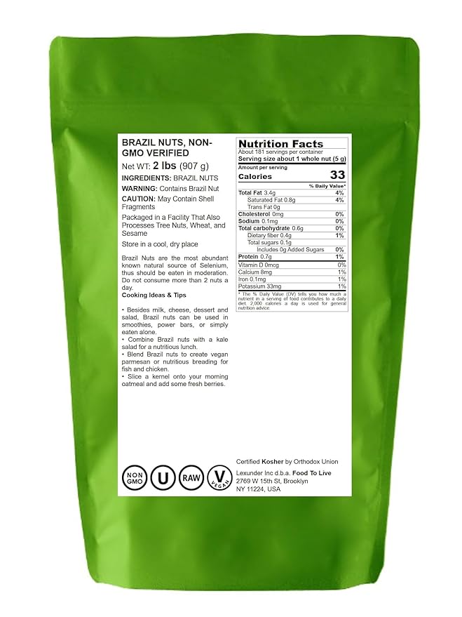 Food to Live- Brazil Nuts, 2 Pounds Non-GMO Verified, Raw, Whole, No Shell, Unsalted, Kosher