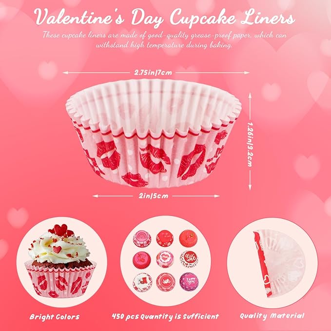 SANNIX 450pcs Valentine's Day Cupcake Liners, Red Pink Love Baking Cups Cupcake Wrappers Paper