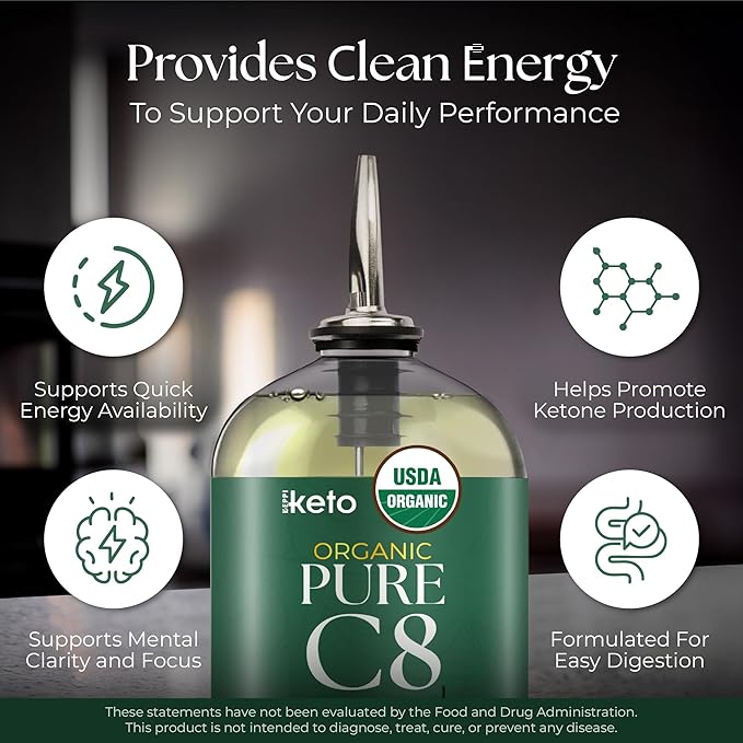 Keppi Keto Organic MCT Oil - Flavorless C8, Non-GMO, Certified Gluten-Free, Palm Oil Free, Vegan