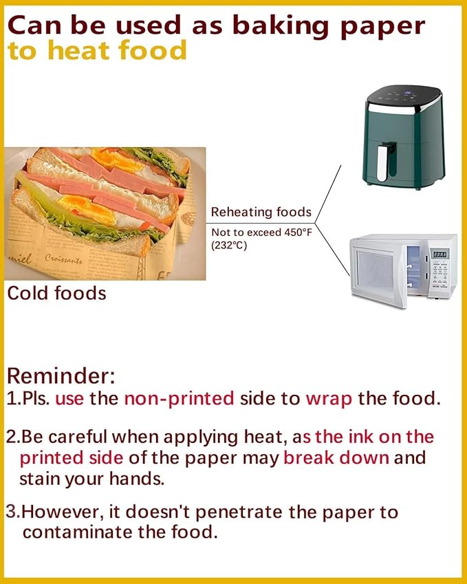 Katbite 100 Pcs Sandwich Wrapping Paper, 12x12 inch Food Basket Liners, Grease Proof & Non-stick