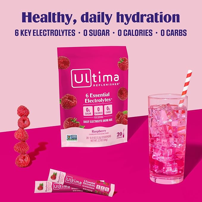Ultima Replenisher Daily Electrolyte Powder Drink Mix ??Sugar Free ??Raspberry, 20 Stickpacks