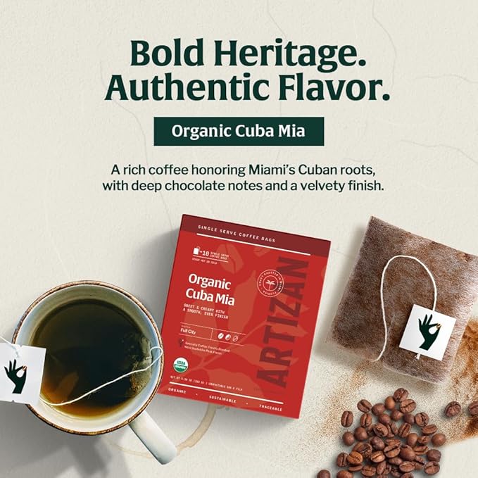 Artizan Coffee Roasters Organic Single-Serve Bags | Cuba Mia Blend | Full City Roast | 40 Count |