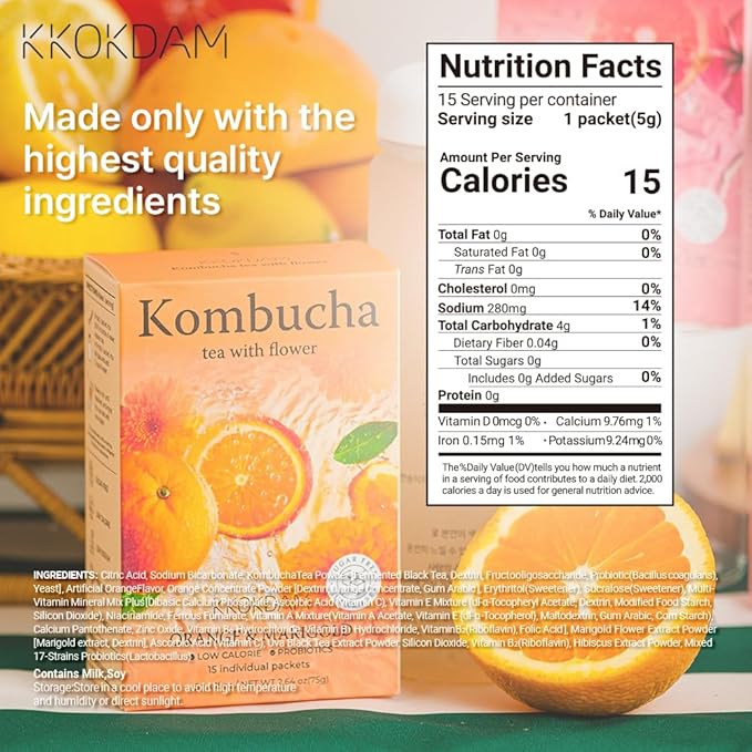 KKOKDAM Kombucha Tea - Orange & Marigold Korean Tea - Kombucha Drinks Probiotic Support, Low