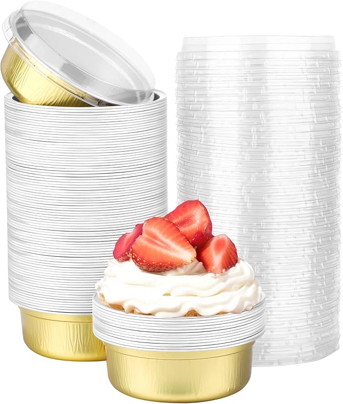 Beasea Aluminum Ramekins With Lids, 100 Pack 8.8oz 260ml 4 Inch Disposable Foil Aluminum Baking