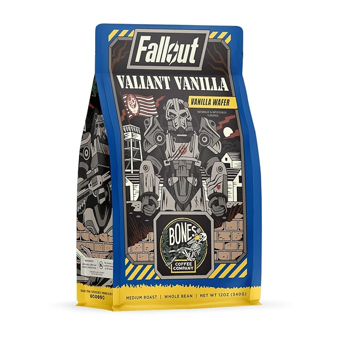 Bones Coffee Company Fallout Valiant Vanilla, Vanilla Wafer Flavored Coffee, Medium Roast Low Acid