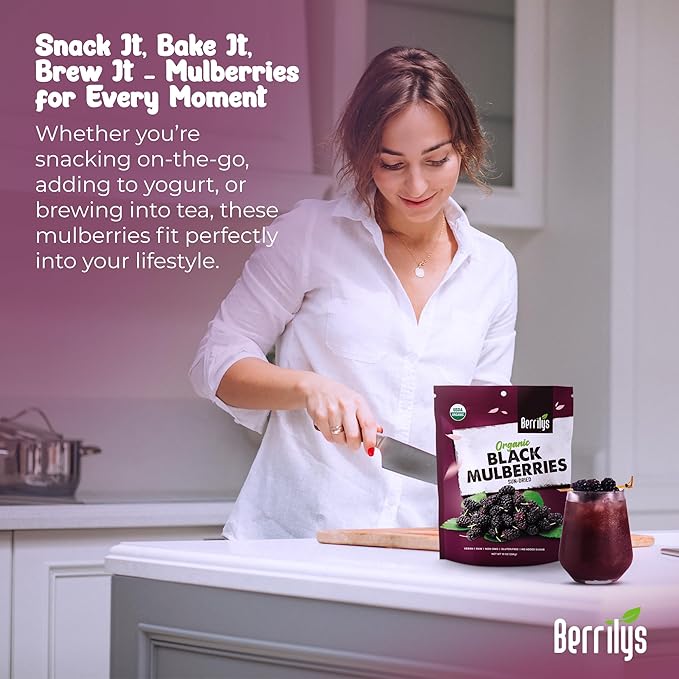 Berrilys Organic Dried Mulberries, Black, Dried Mulberry, Non-GMO, Unsulfured, Raw, 10 oz, Healthy