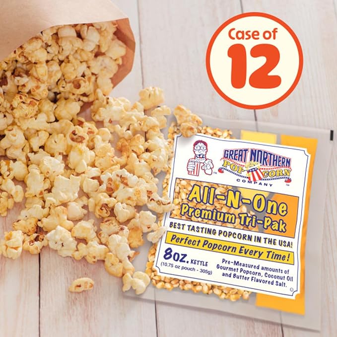 Movie Theater Style 12-Count Popcorn Packs - Pre-Measured 8-Ounce All-in-One Kernel, Salt, Oil
