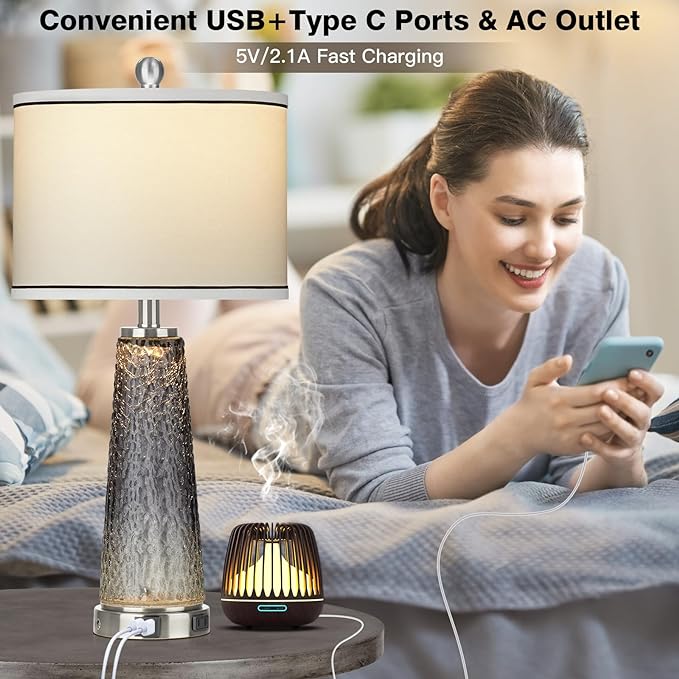 Glass Table Lamp Set of 2, 26" Modern Table Lamps with USB A+C Ports & AC Outlet, Touch Control