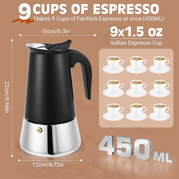 Moka Pot, 9 Cups (15.9 oz) Stovetop Espresso Maker, 304 Stainless Steel Moka Pot, Induction