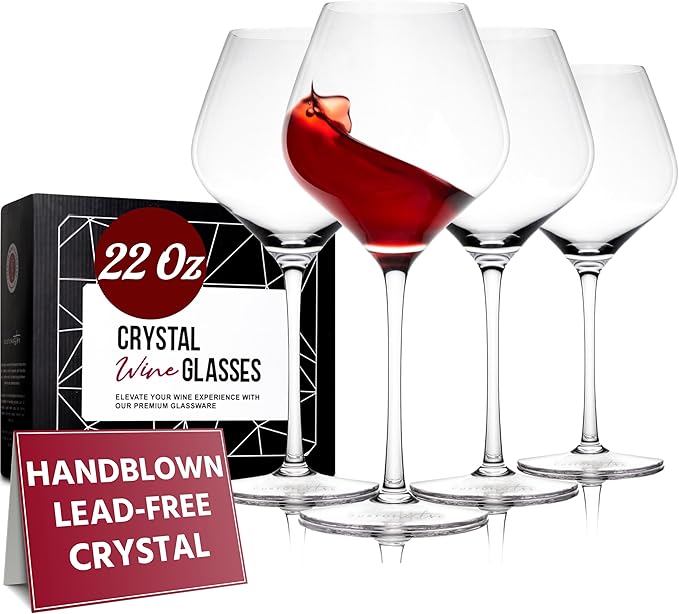 Gusto Nostro Crystal Wine Glasses Set of 4, 22 Oz Long Stem Modern Wine Glasses for White and Red