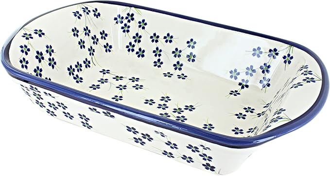 Blue Rose Polish Pottery - Blue Willow Large Rectangular Baker with Handles - 9" x 6.5" - Unique