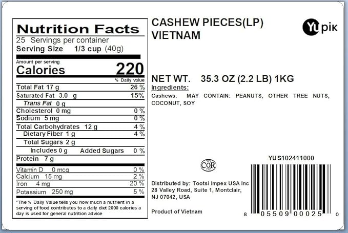 Yupik Nuts Cashews, Large Pieces, 2.2 lb (35.2 oz), Kosher, Natural, Unseasoned, No Added Oil, Fat