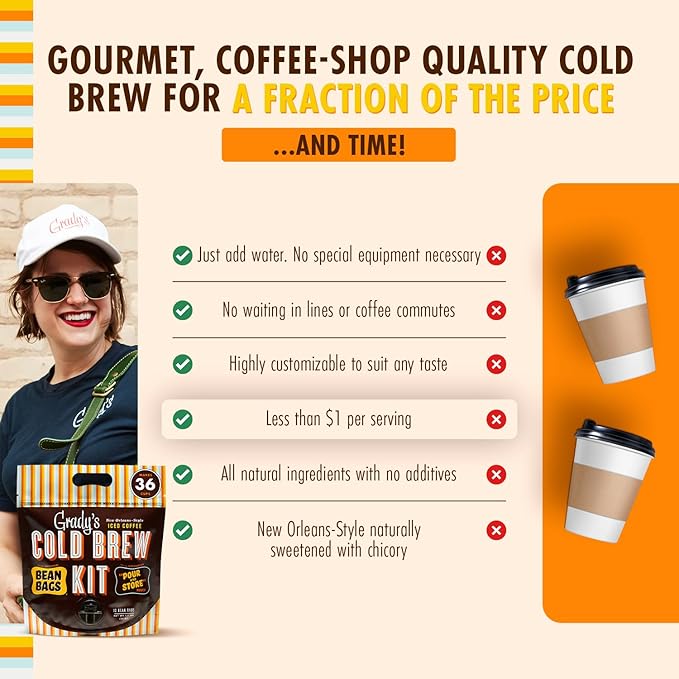 GRADY’S COLD BREW, New Orleans Style, 100% Arabica Ground Coffee & Chicory Pouches, 2 All-in-One