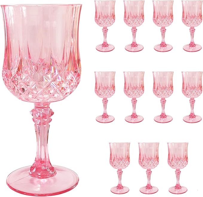 12 PCS Pink Plastic Wine Glasses,Reusable Plastic Wine Glasses,Pink Goblet Glass,Durable and Sturdy
