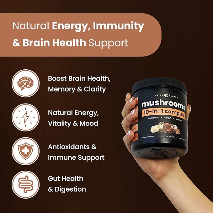 NutraChamps Organic Mushroom Powder - 10-in-1 Complex - Mushroom Supplement Powder Blend for
