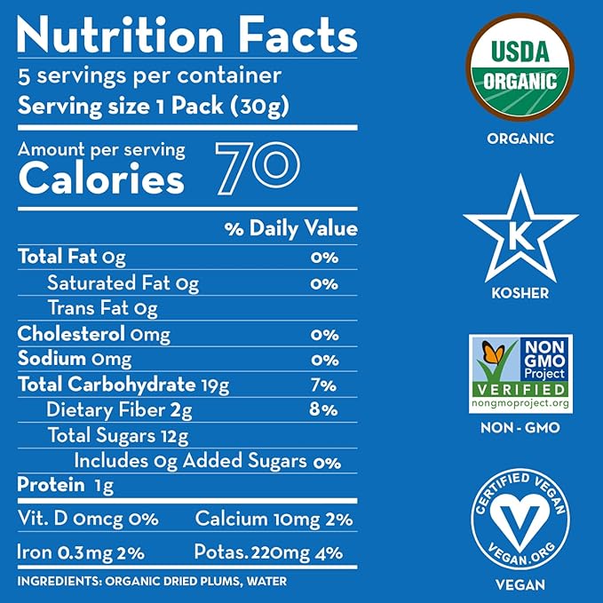 Sunny Fruit Soft Organic Prunes - 6 Bags (30 Individual Portion Packs) | No Preservatives, No Sugar