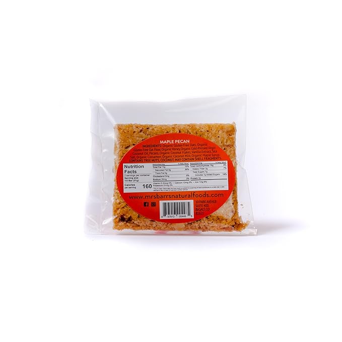 Mrs. Barr’s Natural Foods Granola Bars | Maple Pecan | Certified Organic Gluten Free Oats | Soft