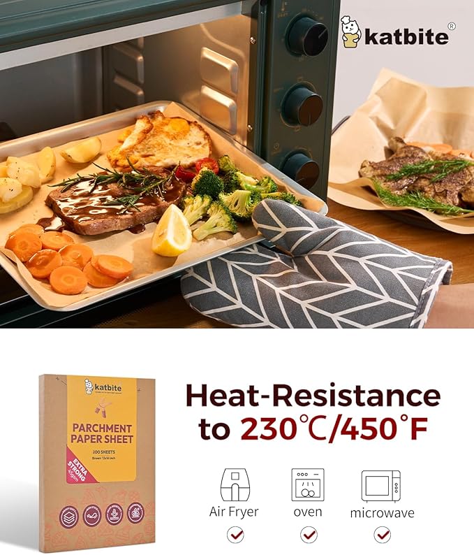 Katbite 200Pcs 12x16 In Unbleached Parchment Paper for Baking, Precut Parchment Paper Sheets, Heavy
