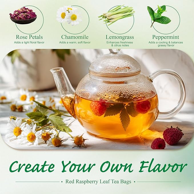 WT WEETEE Red Raspberry Leaf Tea Bags, 60 Count Corn Fibre, Pure Cut & Sifted Raspberry Leaves, No