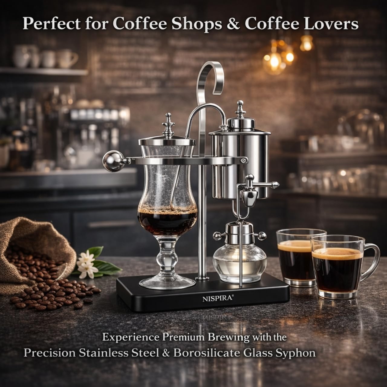 Nispira Belgian Balance Syphon Vacuum Coffee Maker, 500 ml Vintage Gravity Brewing System, Silver
