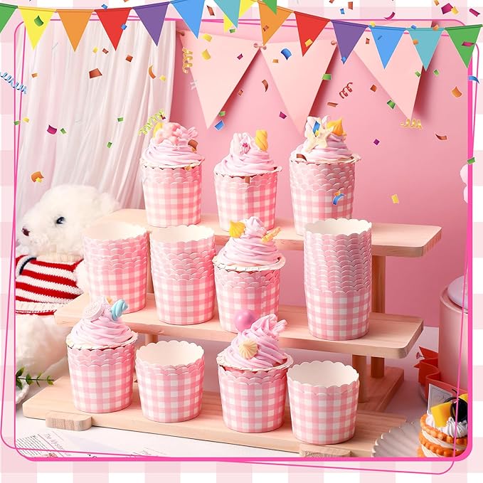 Vesici 150 Pcs Pink Gingham Ice Cream Cups 5oz Dessert Paper Bowls Gingham Scalloped Cupcake Cups